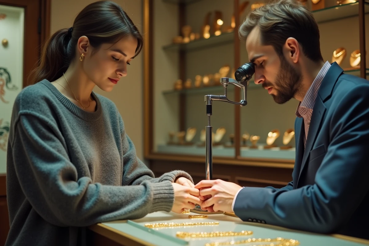 Femme vendant un collier en or dans une boutique de rachat d'or, illustrant la fluctuation de la valeur de l'or au quotidien