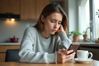 Femme vérifiant l'état d'un virement bancaire sur son smartphone dans une cuisine moderne