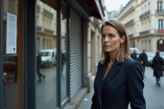 Femme devant une agence bancaire fermée à Paris avec un avis de fermeture sur la porte