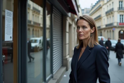 Femme devant une agence bancaire fermée à Paris avec un avis de fermeture sur la porte