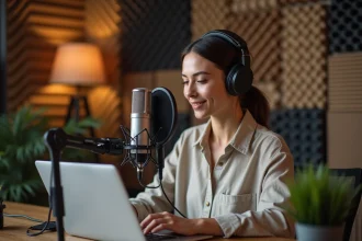 Podcasteuse en studio maison examinant un contrat de sponsoring devant son microphone professionnel