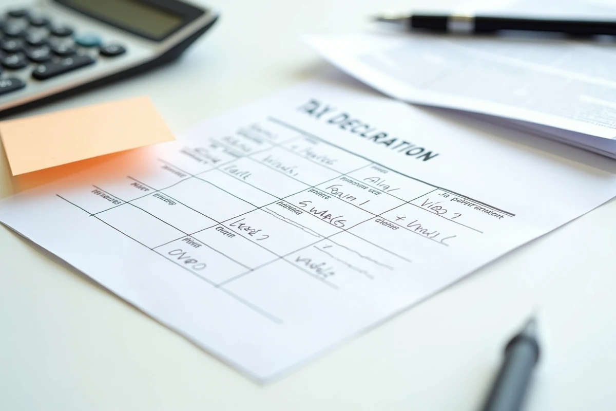 Vue de dessus d'un formulaire de déclaration fiscale Duflot avec calculatrice et documents immobiliers