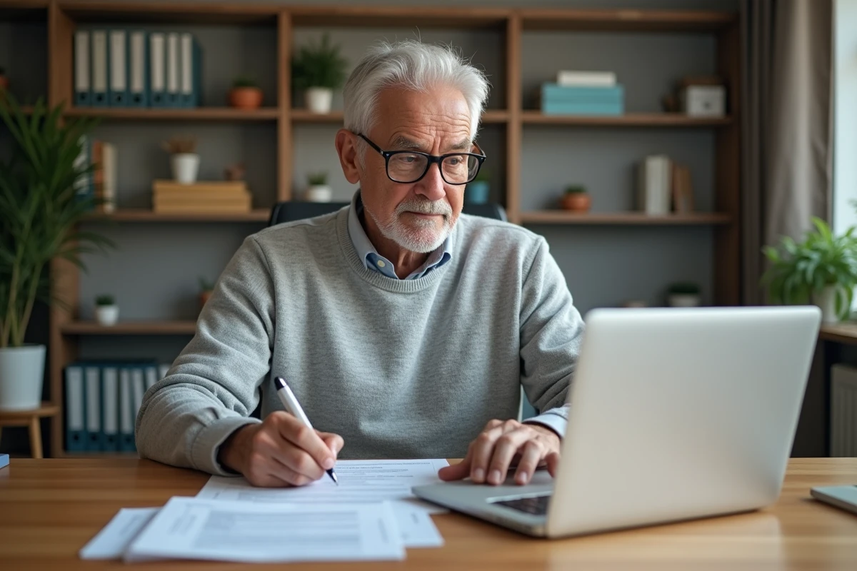 Homme remplissant un formulaire de rachat de trimestres de retraite en ligne depuis son bureau à domicile