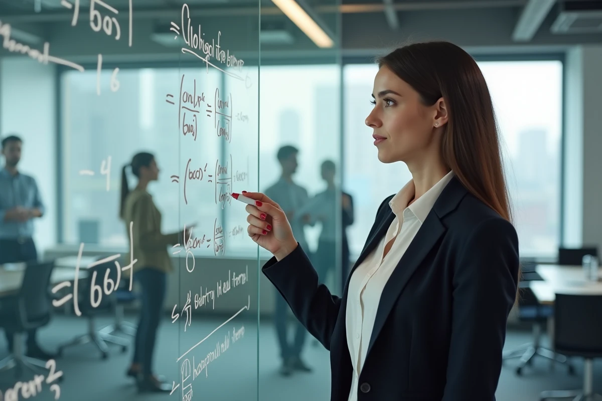 Femme professionnelle expliquant des formules de taux d'intérêt sur un tableau blanc dans un bureau moderne