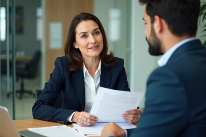 Femme consultant un conseiller bancaire pour comprendre la garantie d'un prêt immobilier dans une agence moderne