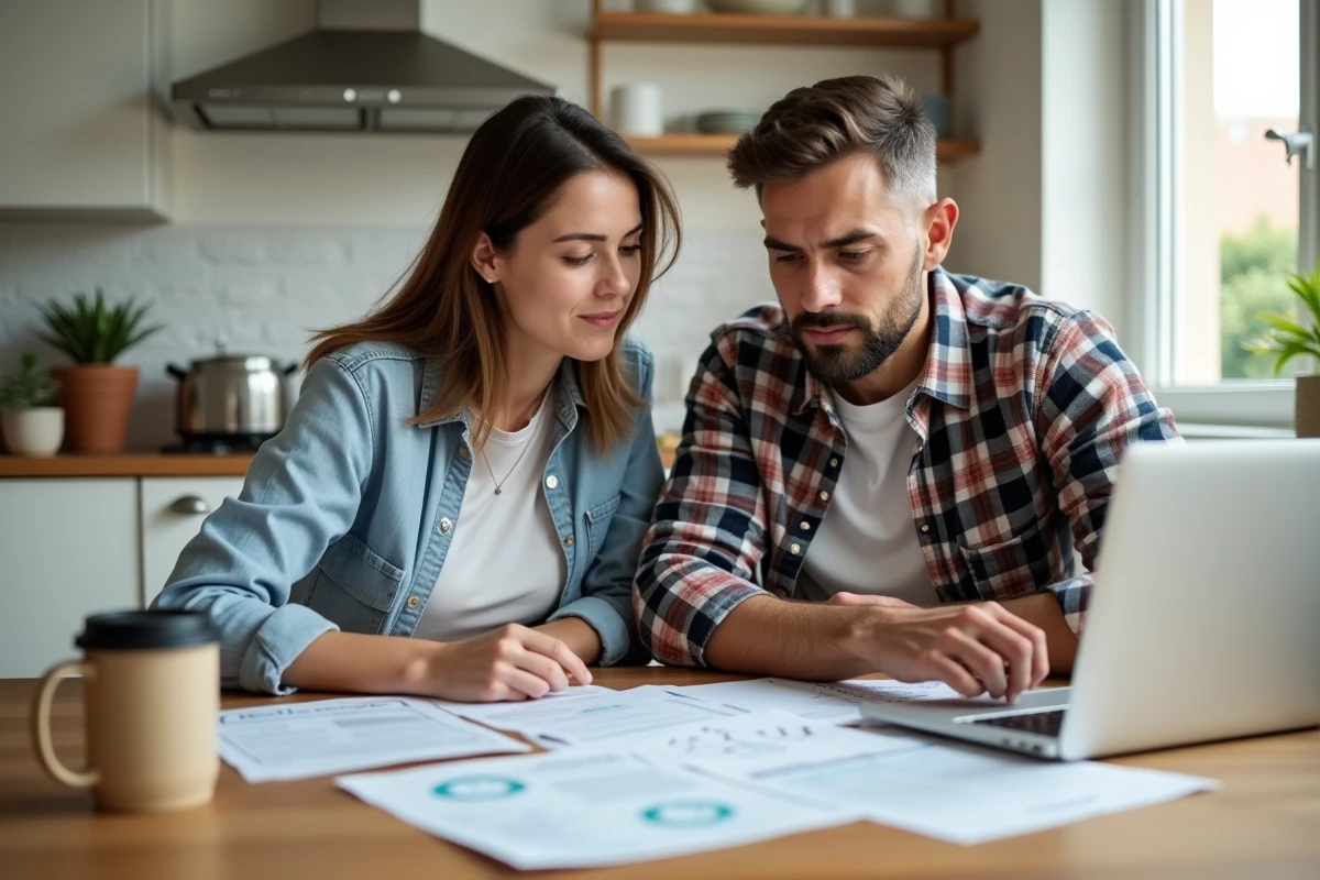Couple examinant les documents de garantie d'un prêt immobilier à leur domicile
