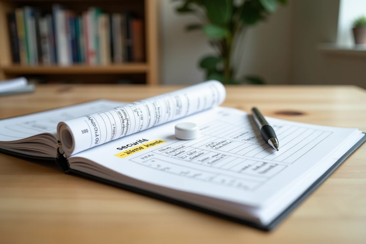 Grand livre comptable immobilier ouvert avec une ligne budgétaire alarme surlignée et un détecteur d'alarme posé à côté