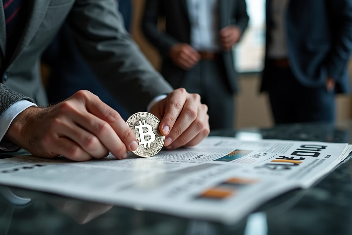 Gros plan de mains en costume posant une médaille Bitcoin sur un journal financier imprimé avec des prévisions crypto sur une table en marbre