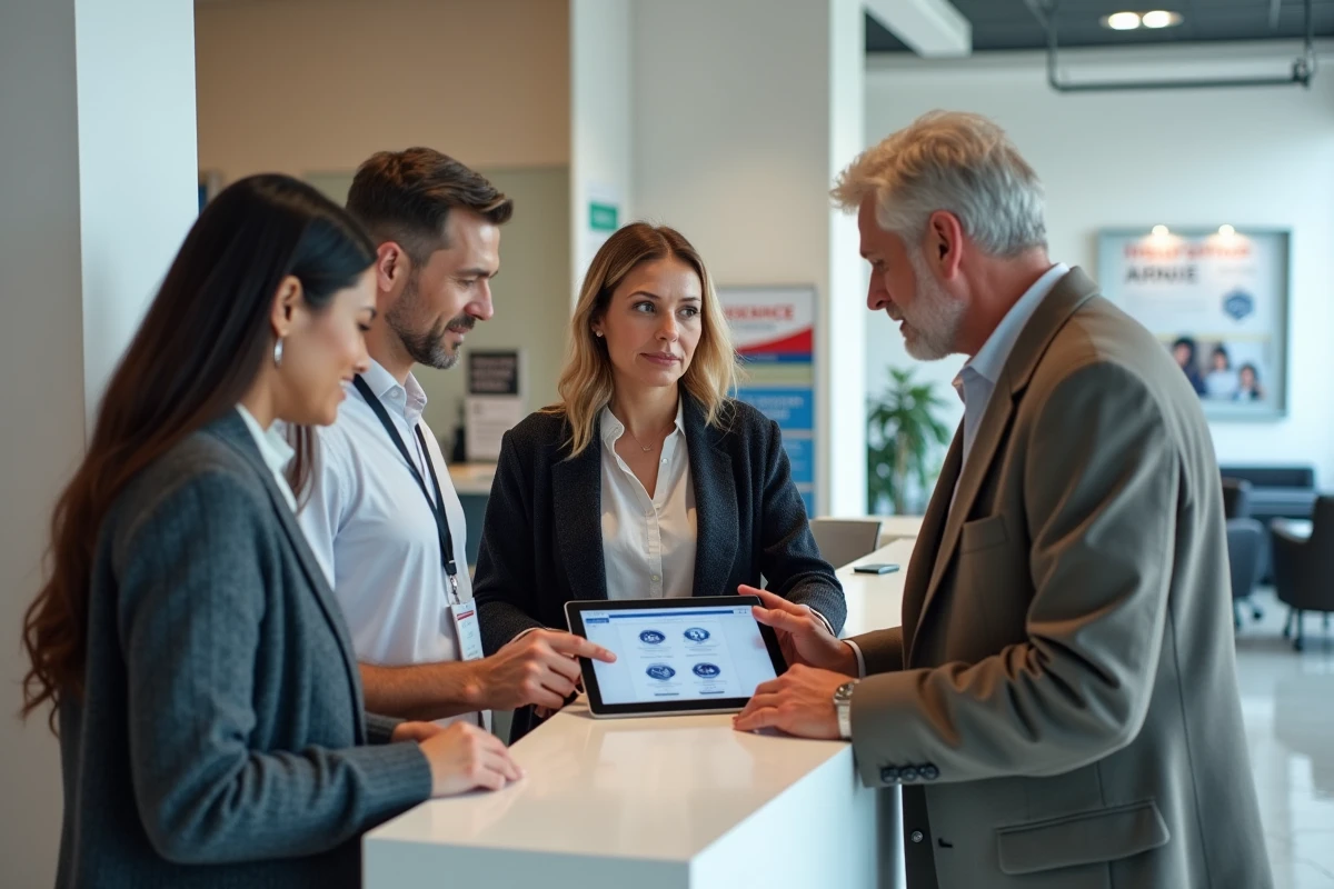 Un groupe de clients compare des plans d'assurance sur une tablette dans une agence professionnelle, cherchant la meilleure garantie