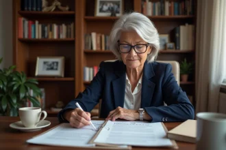 Femme âgée examinant des documents bancaires et un testament notarié sur un bureau en bois lors d'une succession