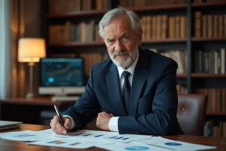 Homme d'affaires inquiet examinant des documents financiers liés à l'assurance vie à son bureau