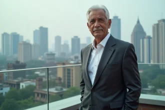 Homme d'affaires indien en costume sur un toit avec vue sur les gratte-ciels de Mumbai, ville comptant le plus de milliardaires en Inde