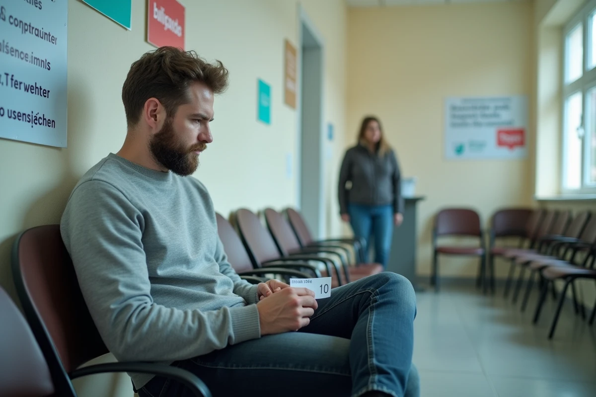 Homme en salle d'attente d'une agence pour l'emploi tenant un ticket numéroté