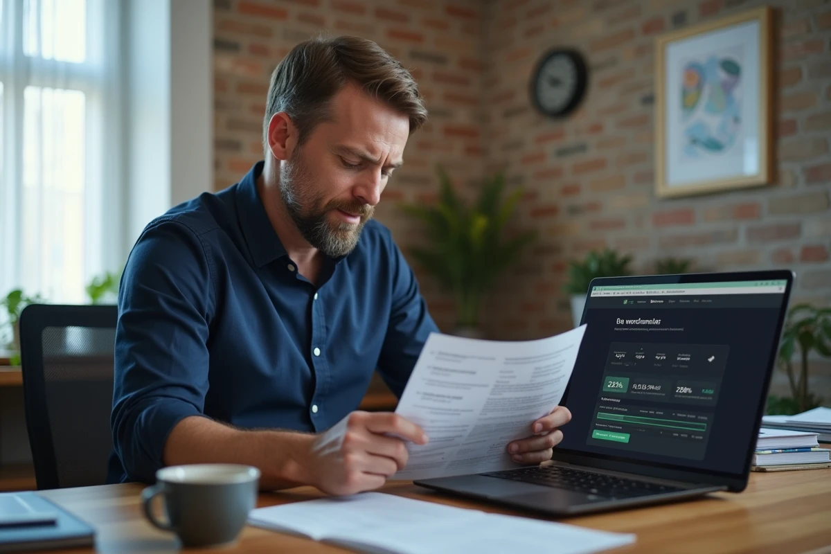 Homme analysant ses relevés bancaires et son tableau de bord de cashback sur ordinateur portable dans un bureau à domicile