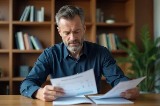 Homme de 40 ans analysant des relevés de dividendes dans un bureau à domicile bien organisé