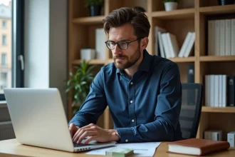 Homme analysant des graphiques financiers sur un ordinateur portable dans un bureau moderne pour doubler son argent