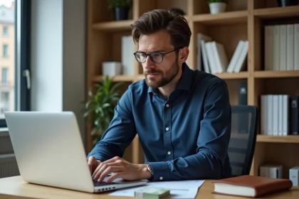 Homme analysant des graphiques financiers sur un ordinateur portable dans un bureau moderne pour doubler son argent