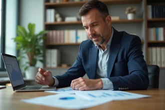 Un homme d'affaires analysant des documents financiers liés au PER idéal dans un bureau à domicile