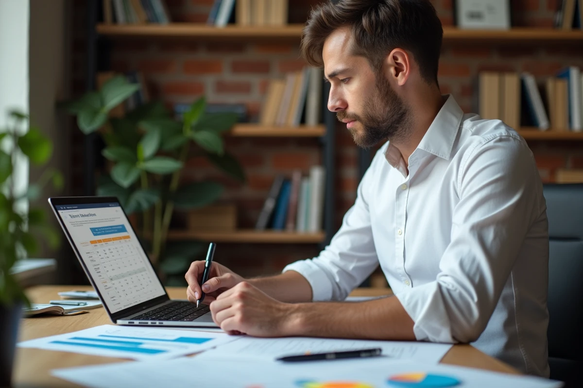 Homme analysant des rapports concurrentiels sur son bureau avec ordinateur et documents imprimés