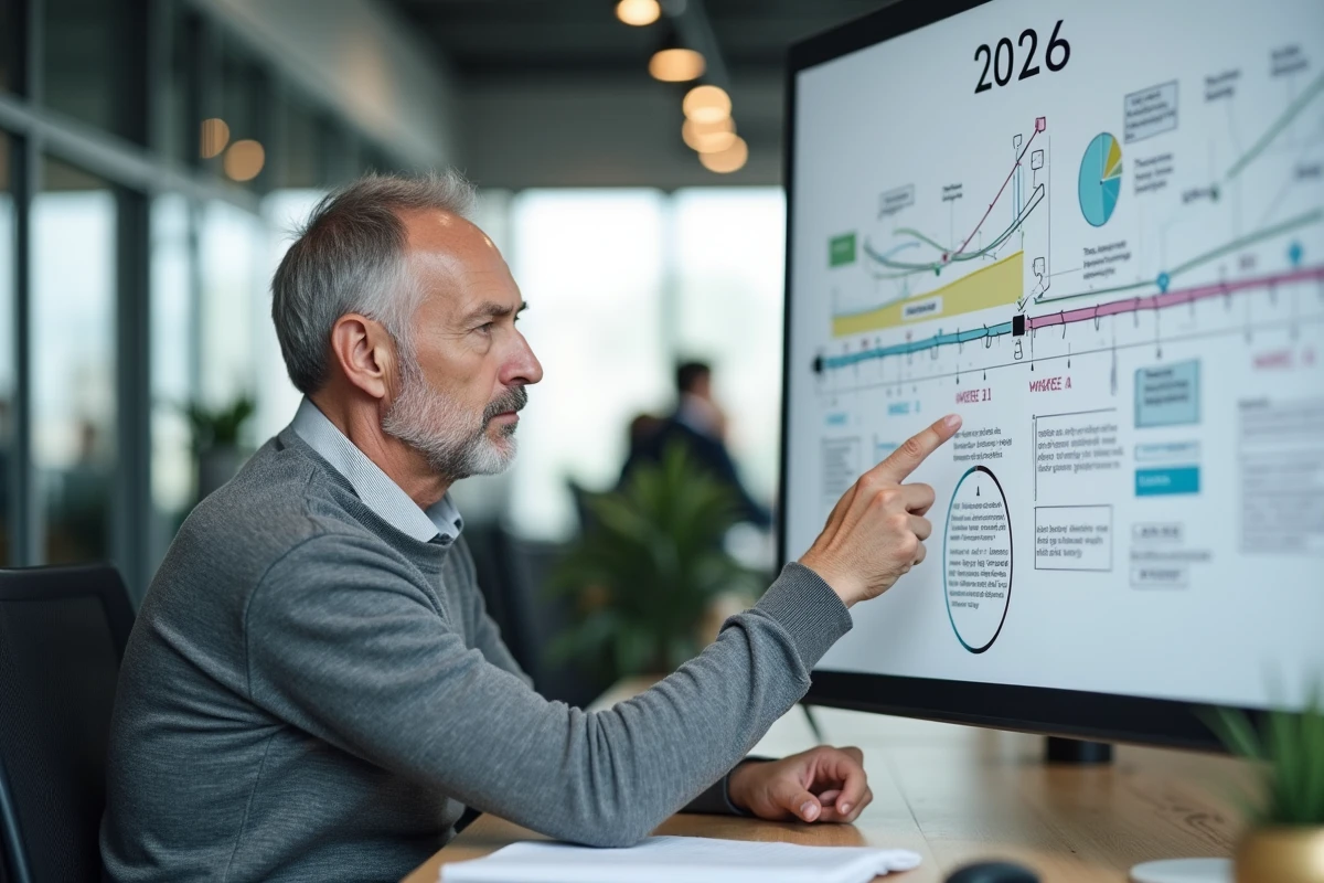 Homme d'affaires analysant un tableau blanc avec une chronologie et l'année 2026 dans un bureau moderne