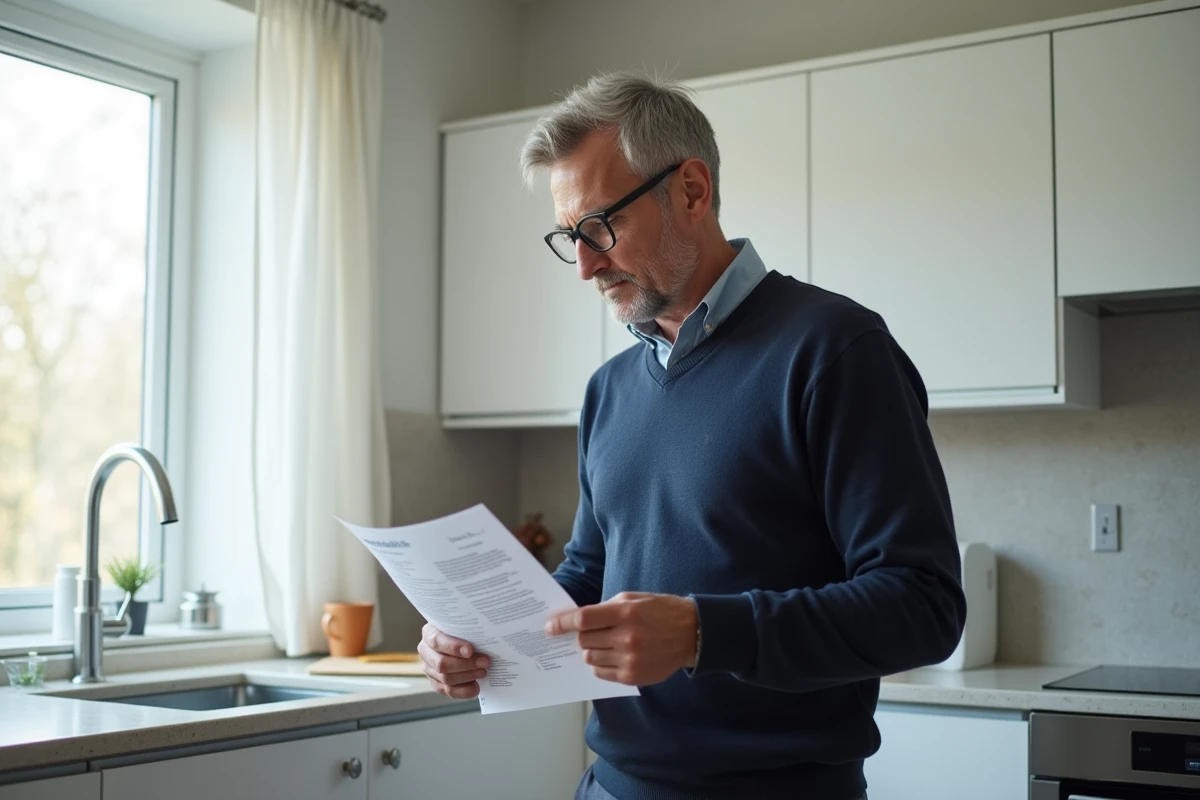 Homme lisant un avis d'échéance d'assurance dans sa cuisine, contexte des obligations d'information liées à la loi Châtel