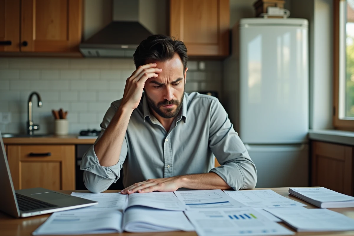 Un homme à la maison analyse son budget et ses factures face à la pression économique de l'inflation croissante