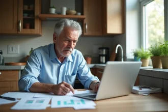 Homme de 55 ans qui examine ses documents de retraite sur une table en bois avec un ordinateur portable affichant des graphiques financiers