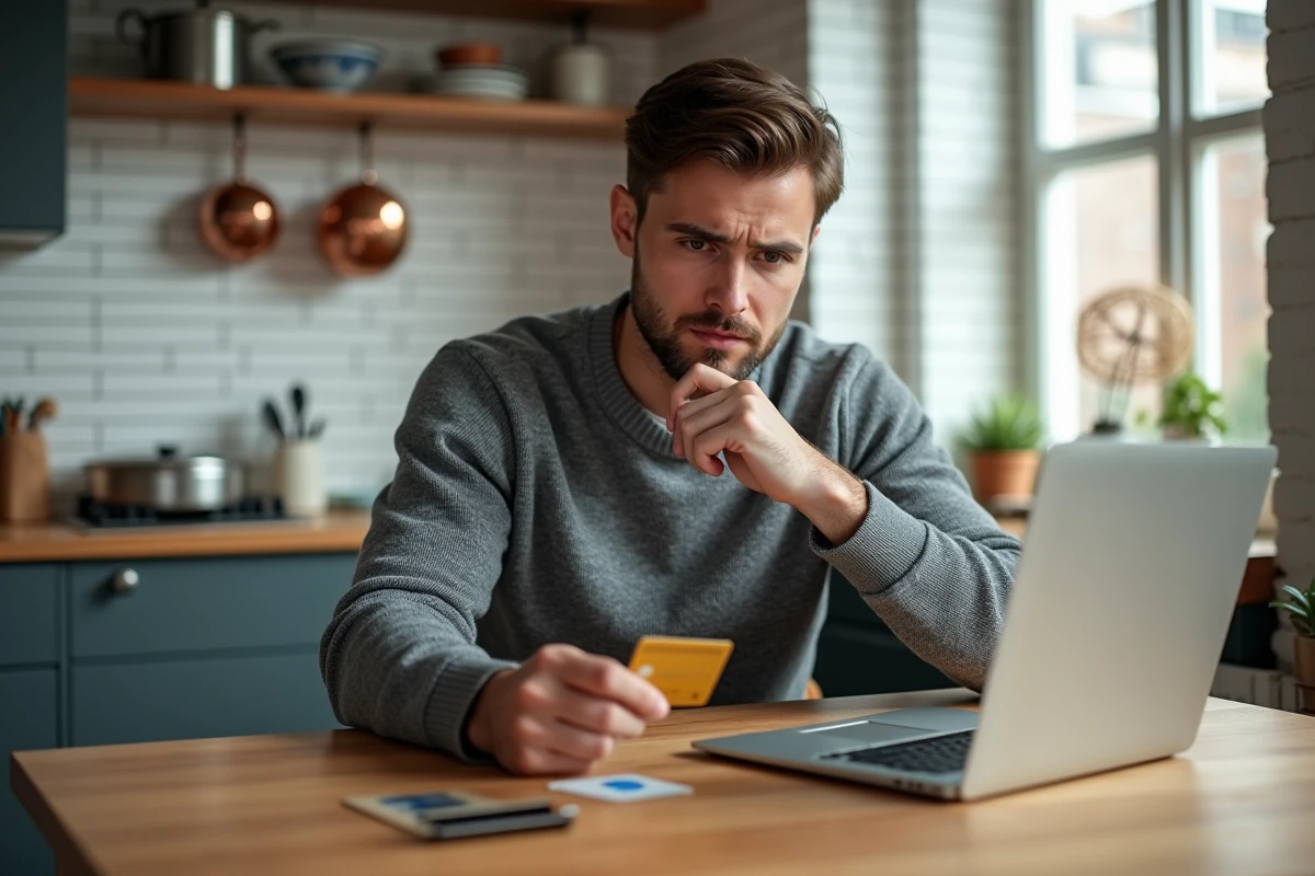 Homme comparant des cartes de crédit dont une American Express à la maison