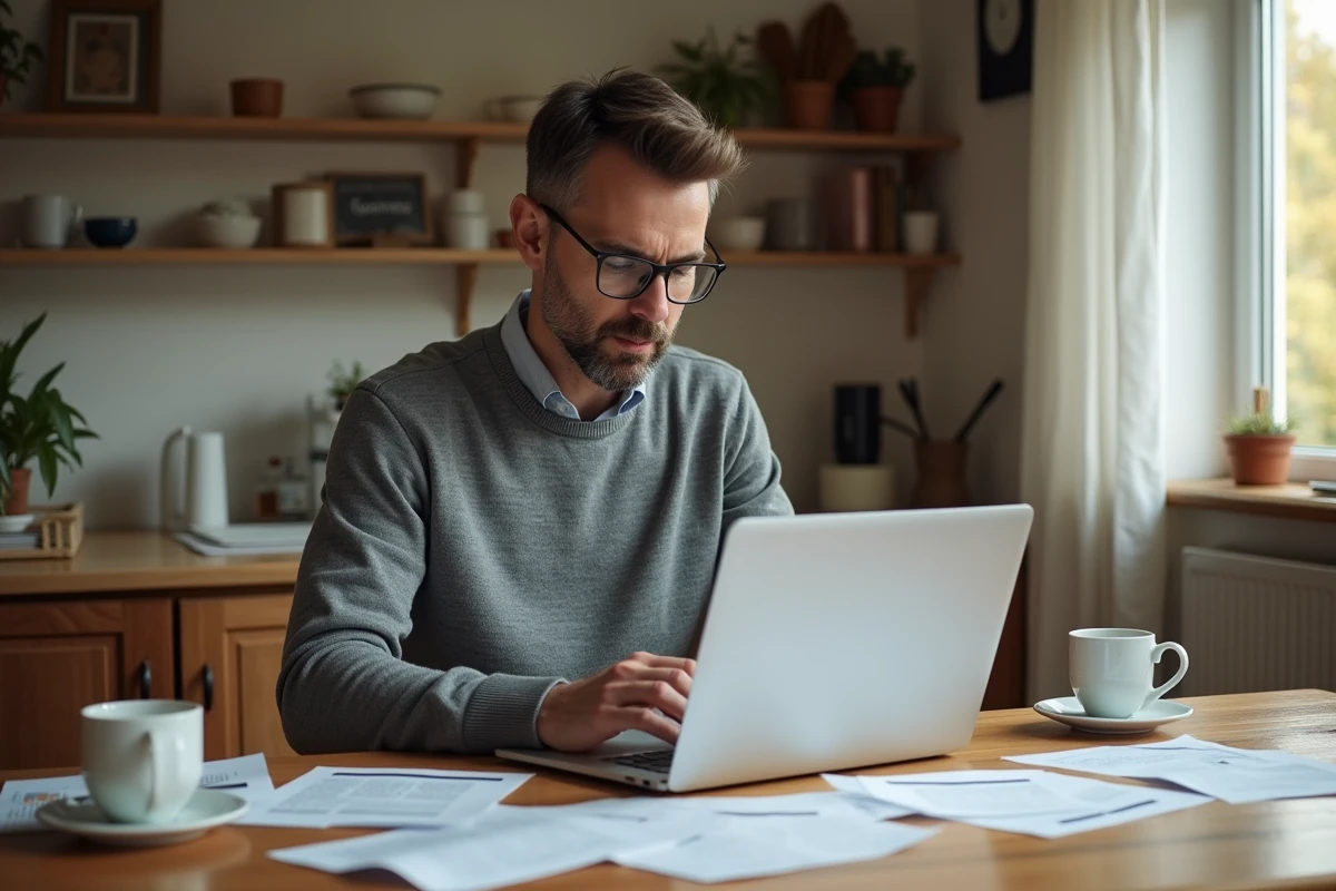 Un homme compare des offres d'assurance sur ordinateur portable à la maison, entouré de documents et de contrats