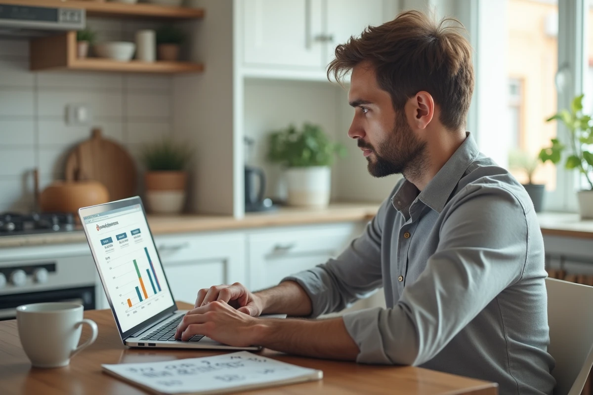 Homme comparant les taux d'assurance prêt immobilier sur son ordinateur portable dans sa cuisine