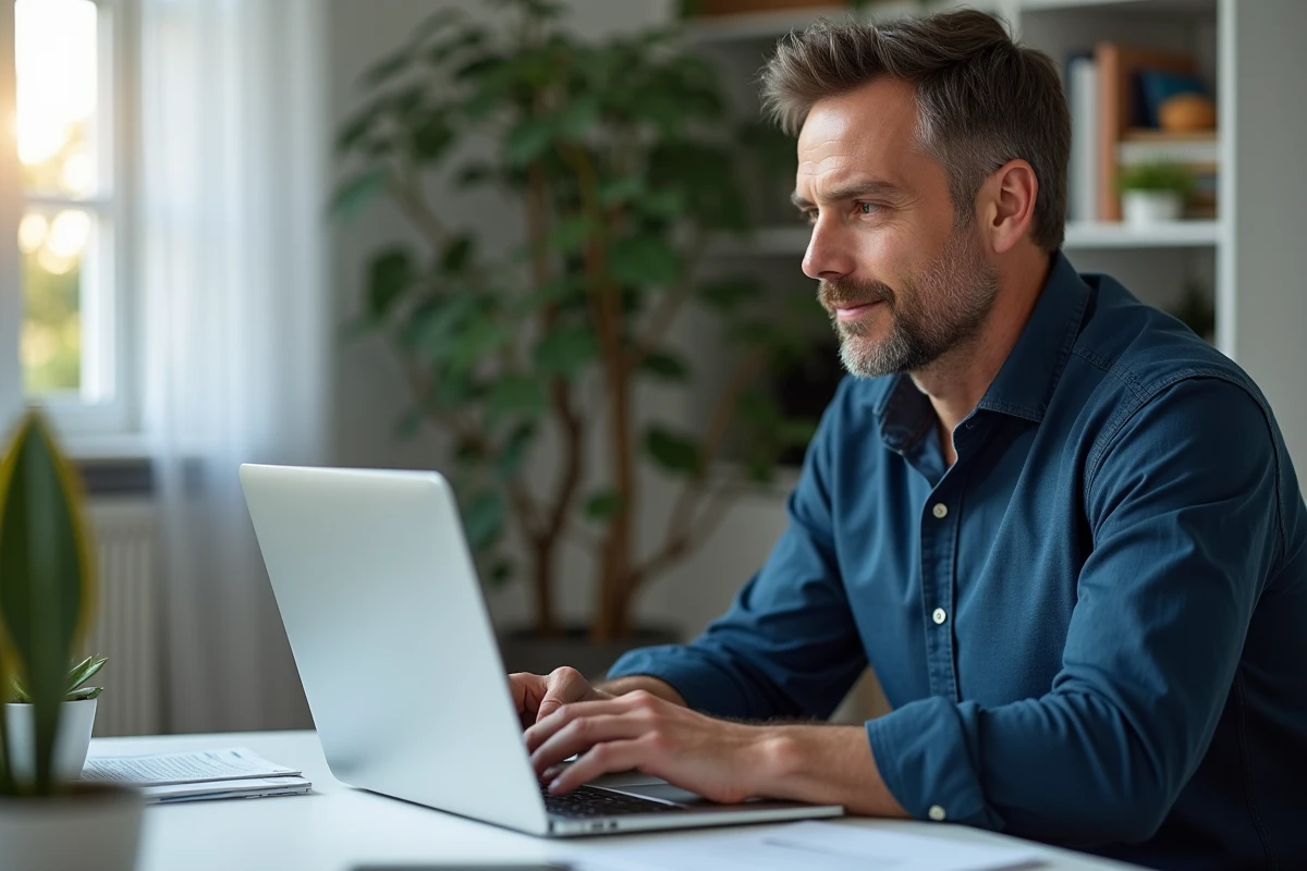 Homme d'affaires consultant un virement en cours sur son ordinateur portable dans un bureau à domicile