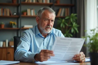 Un homme d'une cinquantaine d'années examine attentivement des documents d'assurance à son bureau à domicile, illustrant la compréhension du PTIA
