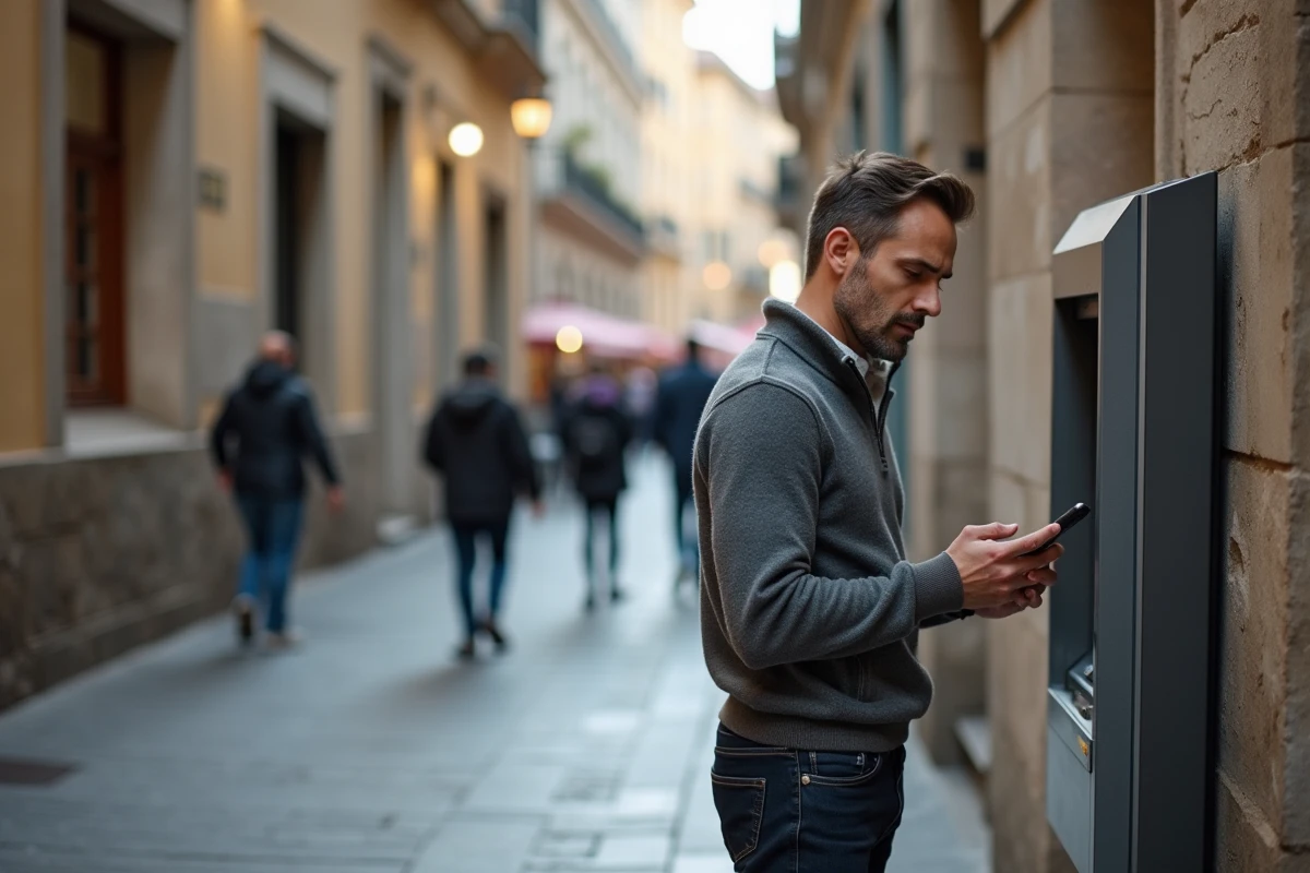 Homme effectuant un paiement sans contact avec son smartphone à un distributeur automatique en centre-ville européen, symbolisant la transition vers la monnaie numérique
