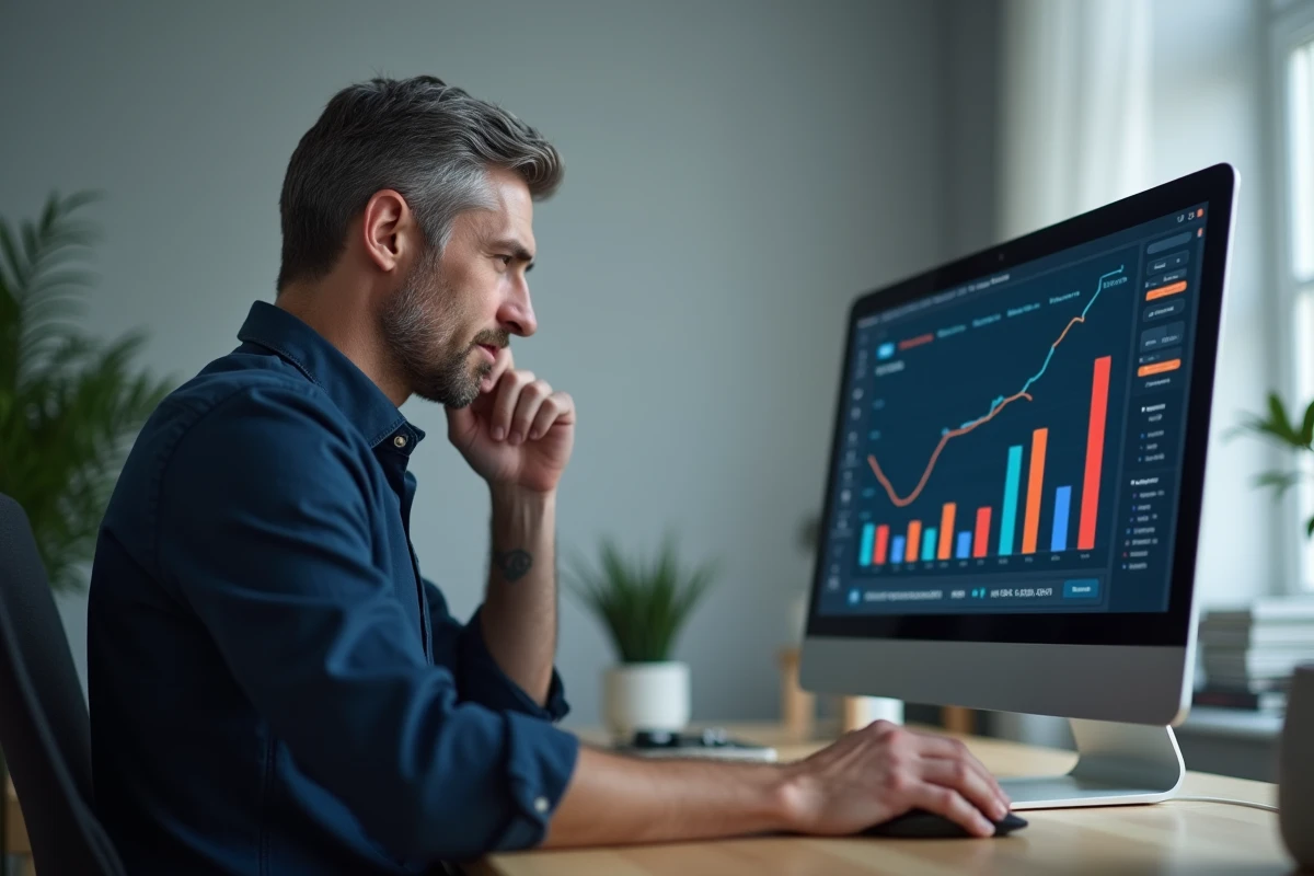Homme utilisant une application de planification financière sur ordinateur portable dans un bureau à domicile épuré