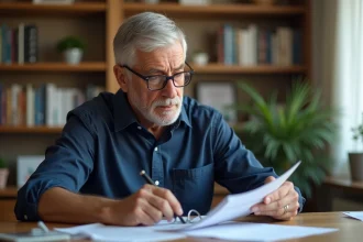 Un homme de 58 ans consulte ses relevés de retraite RCI à son bureau à domicile