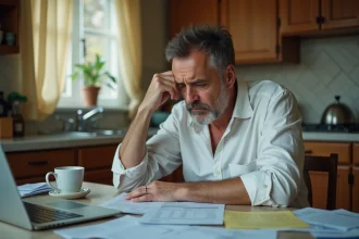 Homme stressé assis à une table de cuisine entouré de factures et de documents financiers, illustrant les difficultés liées à une grosse dette