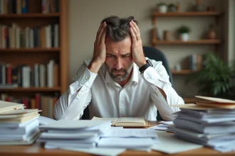 Homme stressé assis à son bureau face à des factures impayées et des dettes accumulées
