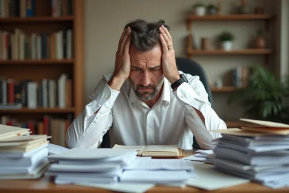 Homme stressé assis à son bureau face à des factures impayées et des dettes accumulées