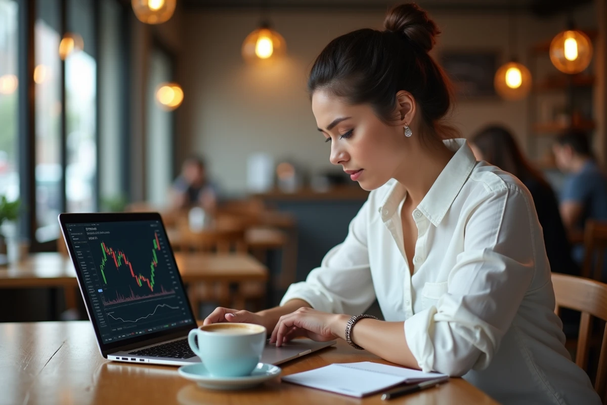 Femme consultant les horaires de trading du bitcoin sur un ordinateur portable dans un café moderne