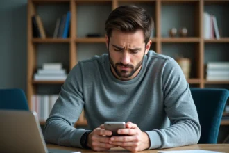 Homme frustré consultant une application bancaire Revolut sur son smartphone montrant une transaction refusée