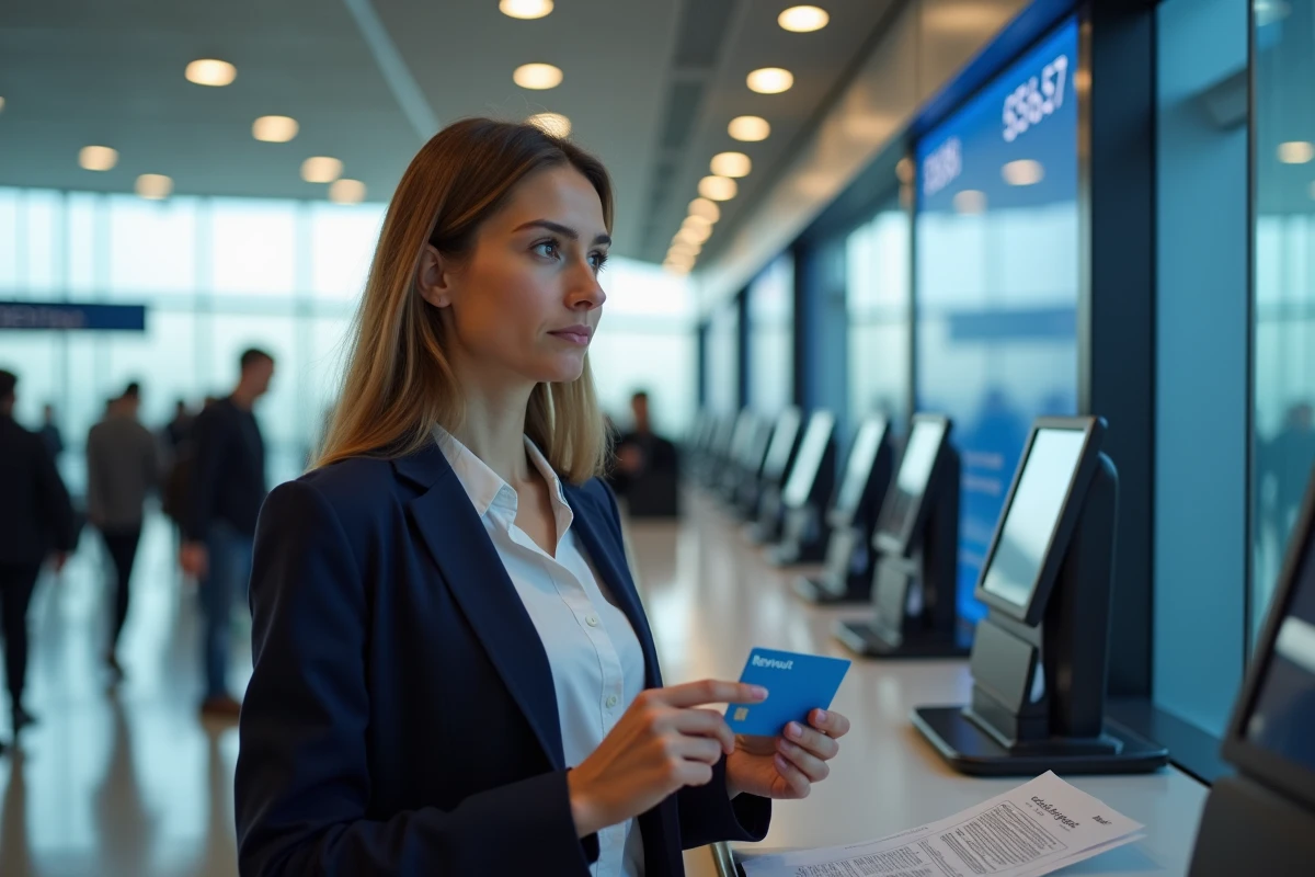 Femme perplexe à un comptoir de change d'aéroport tenant une carte Revolut et un reçu, illustrant les frais cachés à l'étranger