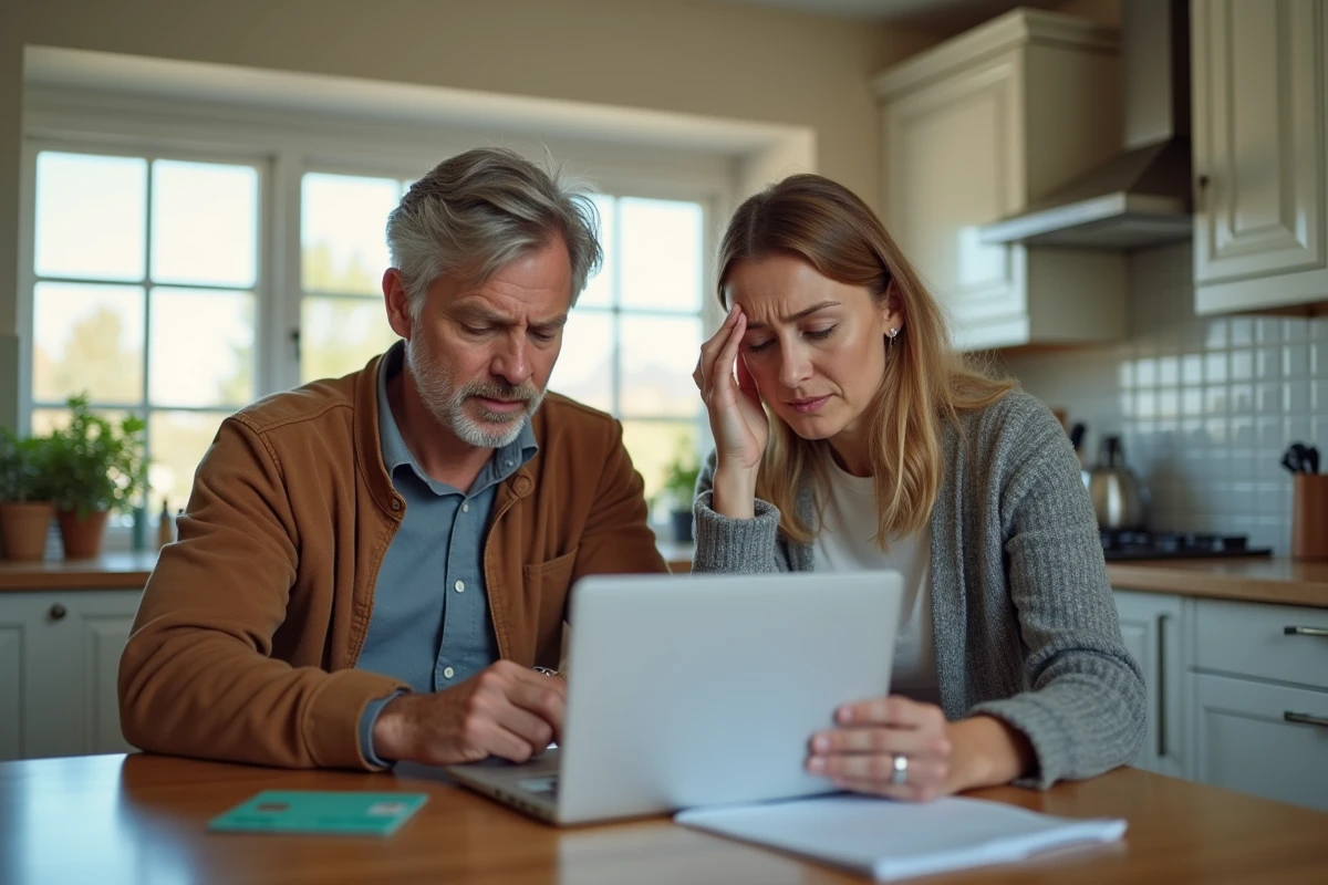 Couple inquiet examinant des relevés bancaires et un support client non réactif de Revolut sur un ordinateur portable à la maison