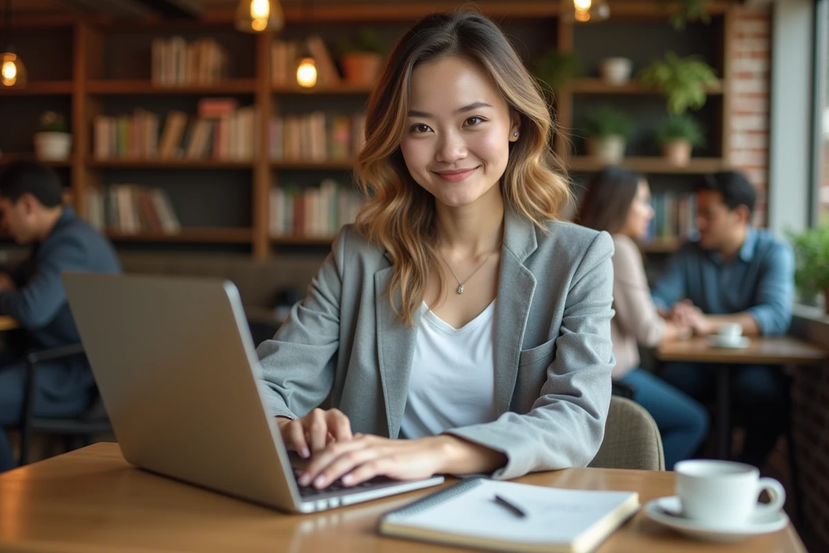 Femme investissant dans une ICO depuis un café avec un laptop et des notes sur les tokens