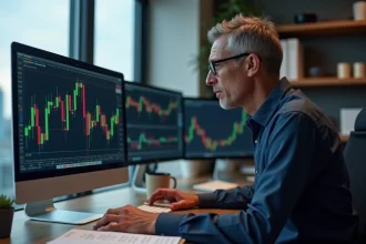 Investisseur analysant les performances du S&P 500 sur plusieurs écrans dans un bureau moderne
