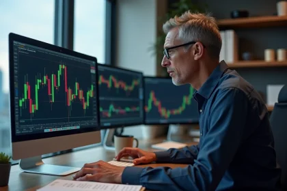 Investisseur analysant les performances du S&P 500 sur plusieurs écrans dans un bureau moderne