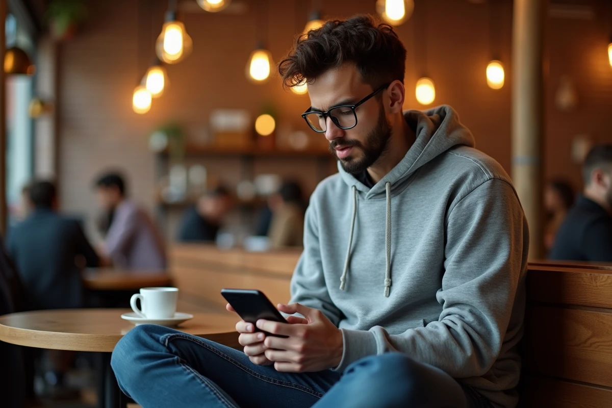 Jeune investisseur particulier consultant l'application Binance sur son smartphone dans un café urbain