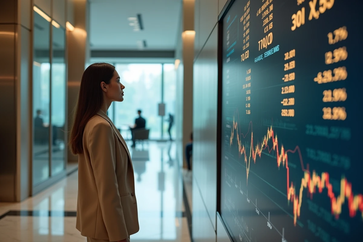 Femme investisseuse observant les cours de l'or et des ETF sur un tableau financier numérique dans un hall d'entreprise