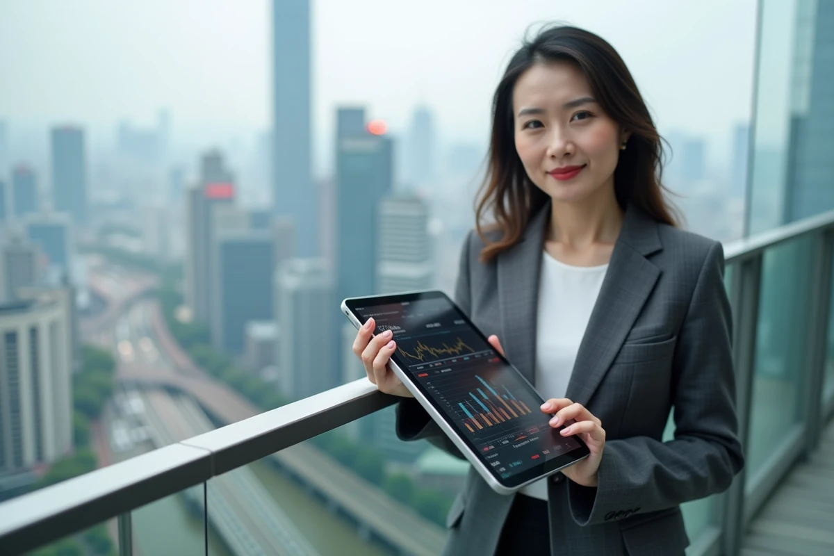 Investisseuse asiatique tenant une tablette avec des données boursières sur une terrasse avec vue sur le quartier financier de Shanghai, illustrant les opportunités dans les économies émergentes.