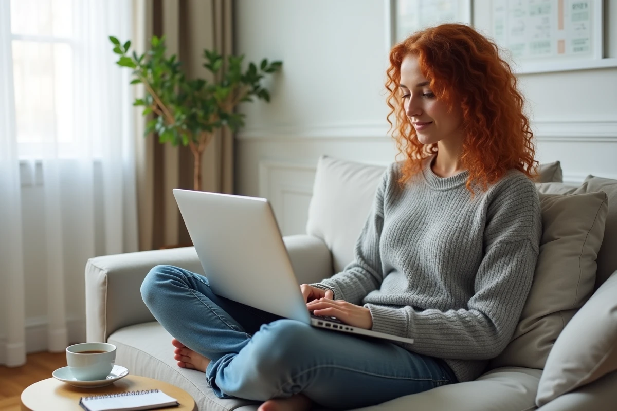 Jeune femme ouvrant un compte-titres en ligne sur son ordinateur portable depuis chez elle