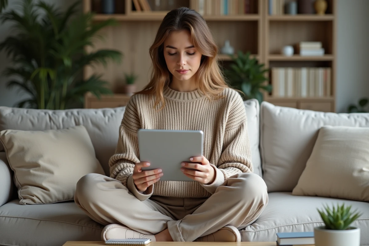 Jeune femme gérant ses investissements personnels sur une tablette depuis son salon confortable
